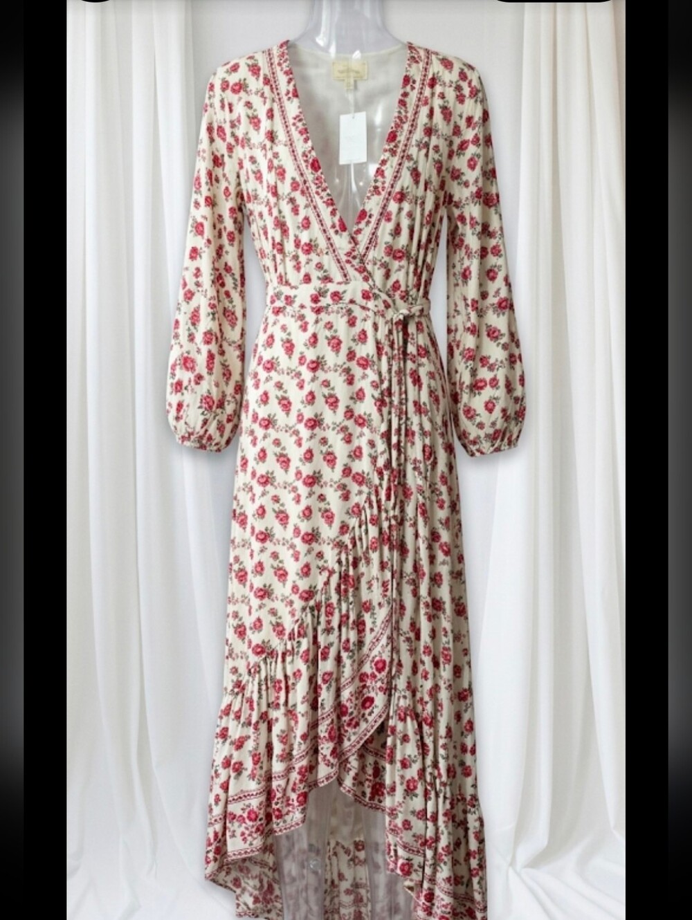 Floral Cream Wrap High-Low Dress with Red Rose Print